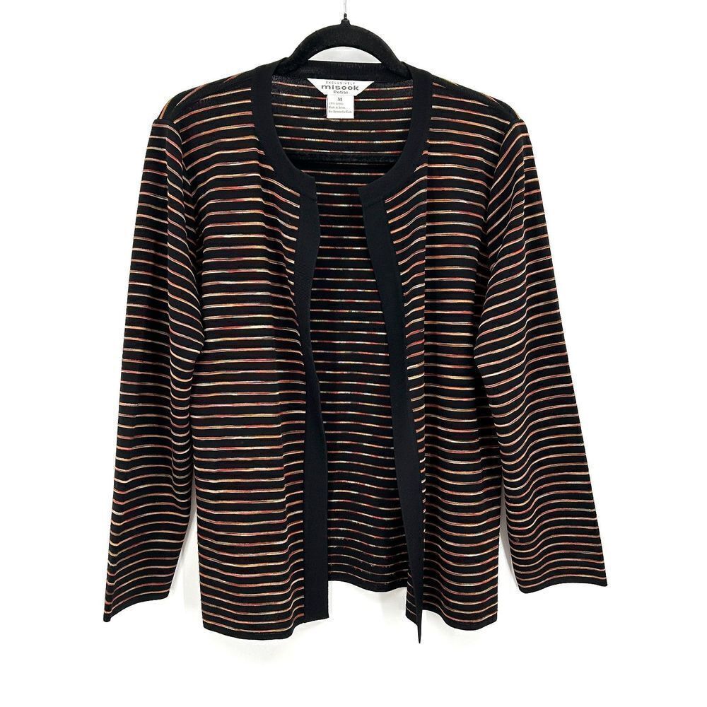 MISOOK Black Orange Red Striped Open Stretch Knit Cardigan Sweater Medium Petite